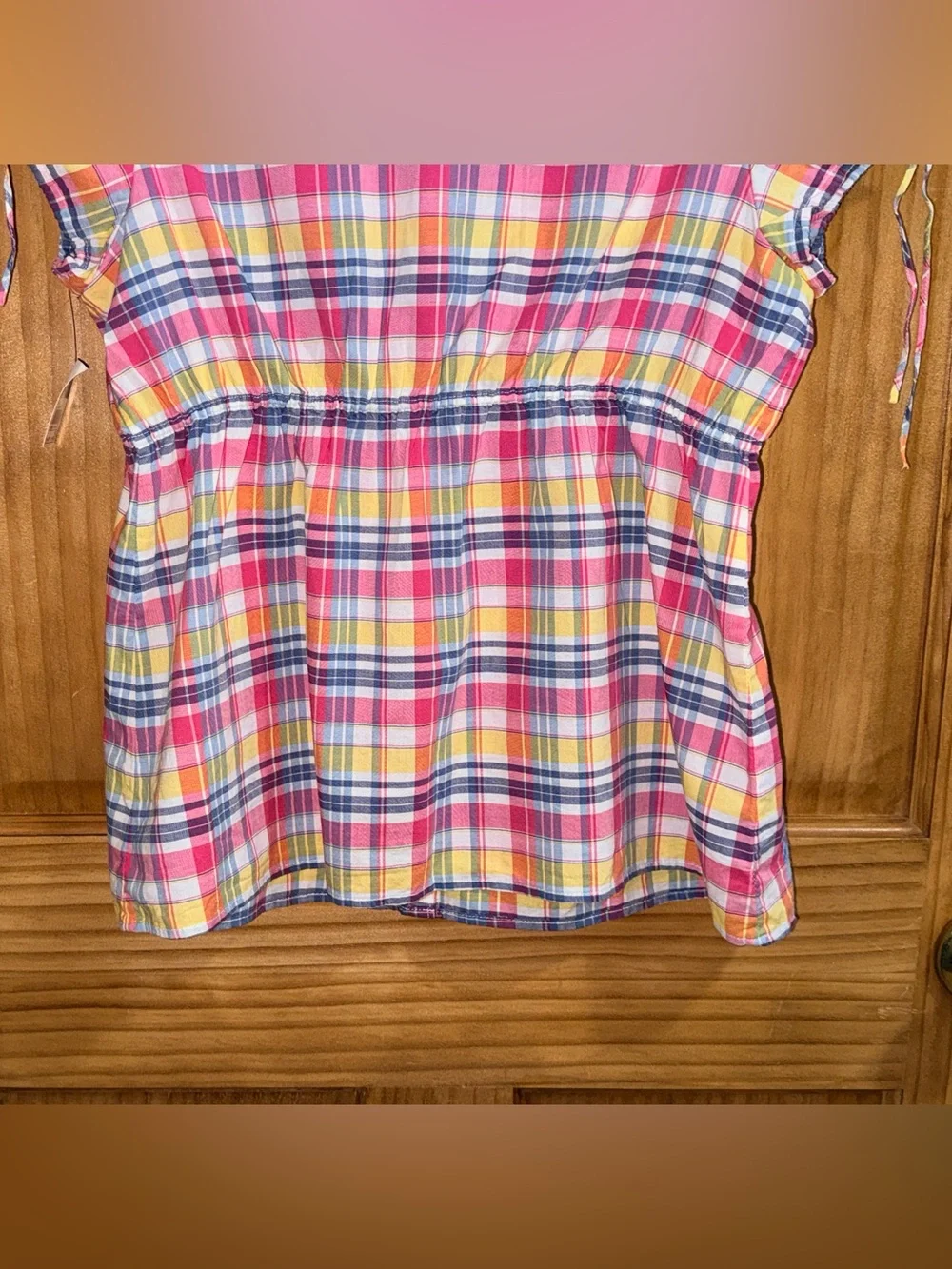 Ralph Lauren Pink Yellow Blue Plaid Ruffle Front Short Sleeve Blouse